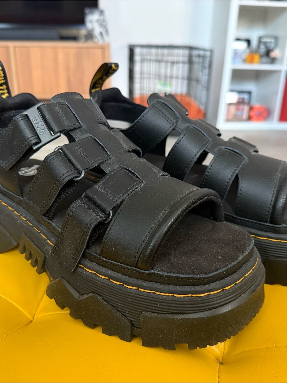 Dr. Martens Black Leather Platform Fisherman Sandals with Yellow Stitching